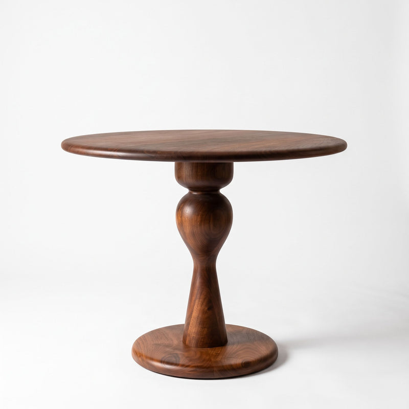 Mason Solid Walnut Round Pedestal Dining Table | Sculptural Base
 with a dark brown finish, featuring a turned stem base and a circular foot, photographed on a seamless white background.