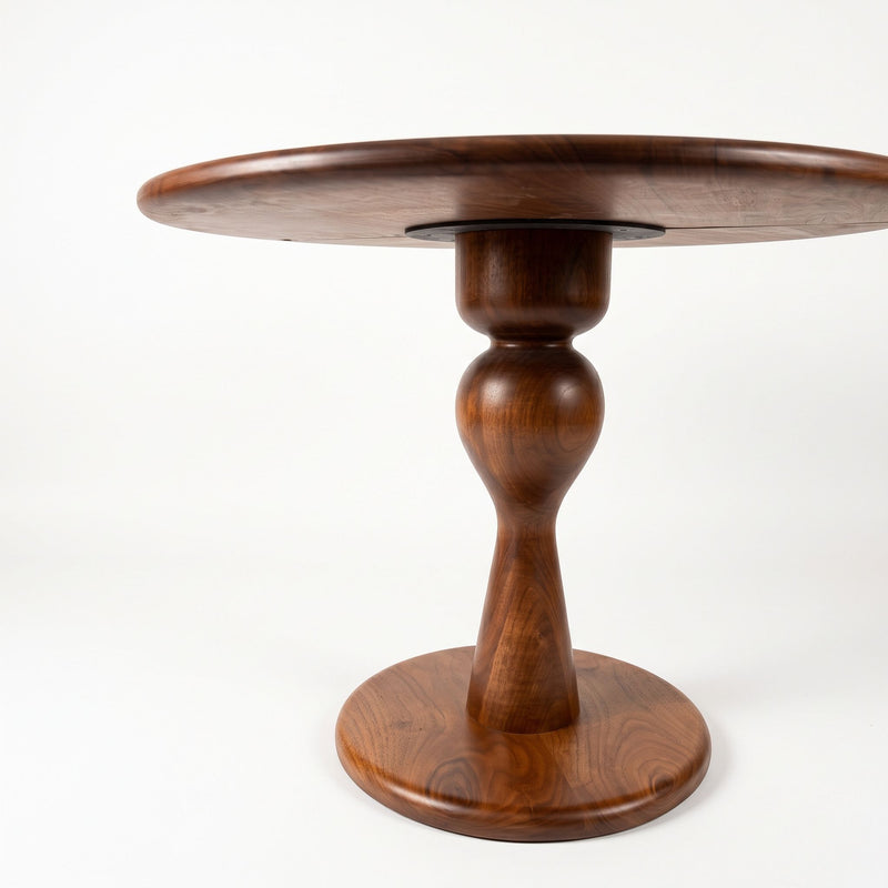 Mason Solid Walnut Round Pedestal Dining Table | Sculptural Base
 with a rich dark brown finish, featuring a turned central stem and a circular base, photographed against a seamless white background.