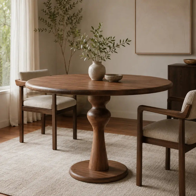 Mason Solid Walnut Round Pedestal Dining Table | Sculptural Base with a turned pedestal base and matching wooden chairs in a softly lit, neutral-toned dining room.