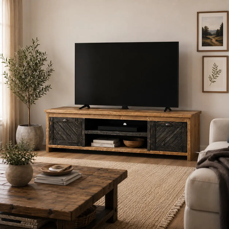 Minneapolis Pine Wood TV Stand with Shelves and Cabinets