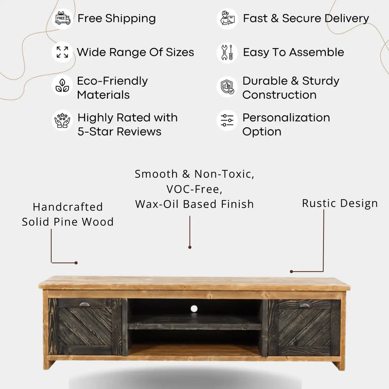 Minneapolis Pine Wood TV Stand with Shelves and Cabinets