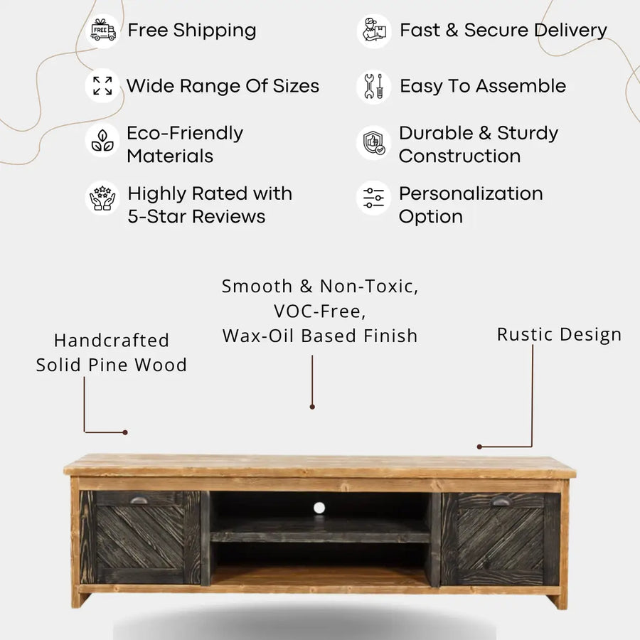 Minneapolis Pine Wood TV Stand with Shelves and Cabinets