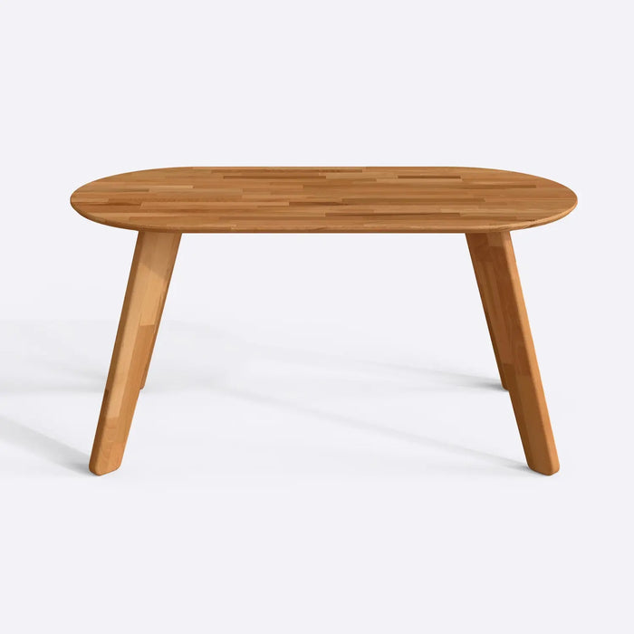 Top-down view of the Monroe oval wood dining table, highlighting the natural wood grain and polished surface.