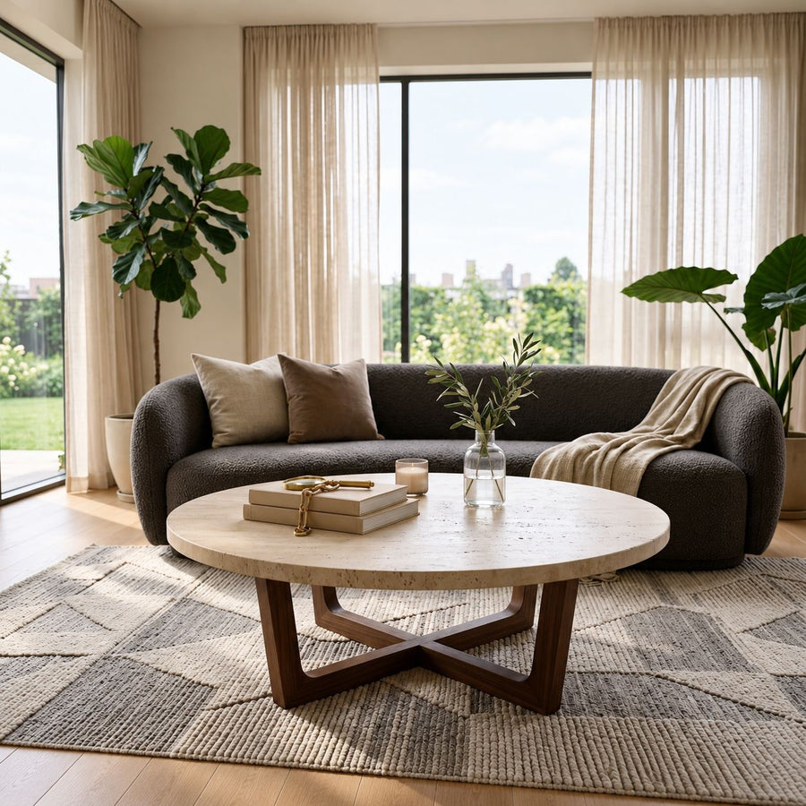 Muse Round Travertine Coffee Table with Walnut Wood Base - Mid-Century Modern Cross Base Design Styled in a Living Room by Tomruque