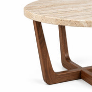 Close-Up View of Muse Round Travertine Coffee Table with Walnut Wood Base - Mid-Century Modern Design by Tomruque