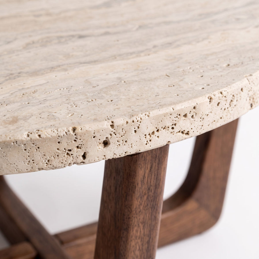 Macro Close-Up of Travertine Stone Edge on Muse Round Travertine Coffee Table with Walnut Base by Tomruque