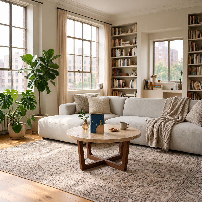 Muse Round Travertine Coffee Table with Walnut Wood Base - Mid-Century Modern Cross Base Design Styled in a Bright Living Room by Tomruque
