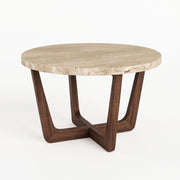 Muse Round Travertine Coffee Table with Walnut Wood Base - Mid-Century Modern Cross Base Design Eye-Level Studio View by Tomruque