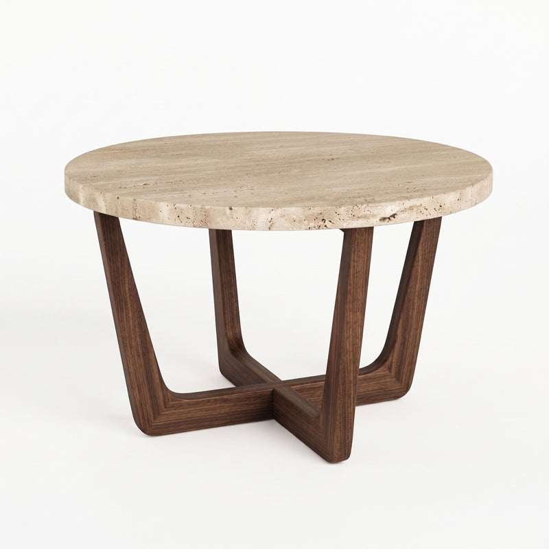 Muse Round Travertine Coffee Table with Walnut Wood Base - Mid-Century Modern Cross Base Design Eye-Level Studio View by Tomruque