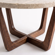 Close-Up of Walnut Wood Cross Base on Muse Round Travertine Coffee Table - Mid-Century Modern Design by Tomruque