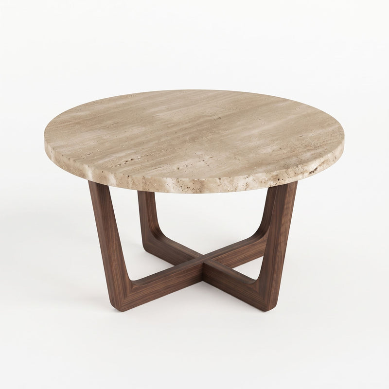 Muse Round Travertine Coffee Table with Walnut Wood Base - Mid-Century Modern Cross Base Design Studio View by Tomruque