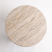 Top View Surface of Muse Round Travertine Coffee Table with Walnut Wood Base - Mid-Century Modern Cross Base Design by Tomruque