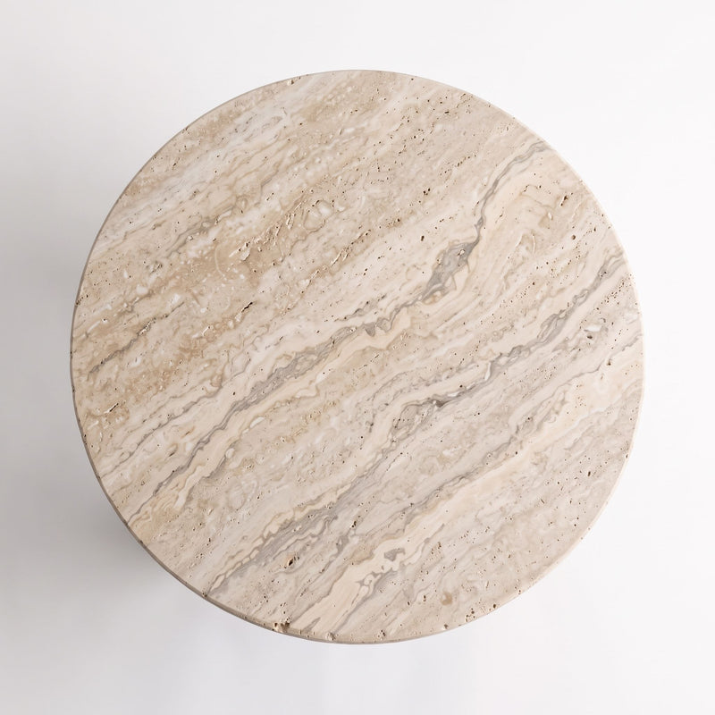 Top View Surface of Muse Round Travertine Coffee Table with Walnut Wood Base - Mid-Century Modern Cross Base Design by Tomruque