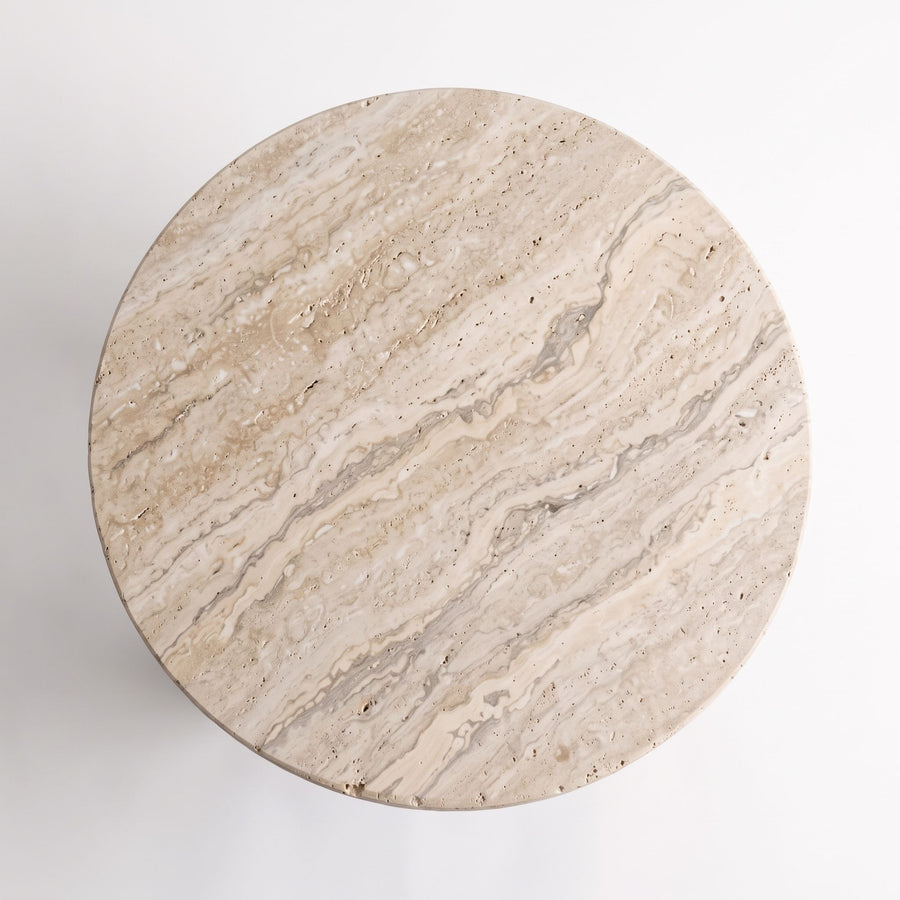 Top View Surface of Muse Round Travertine Coffee Table with Walnut Wood Base - Mid-Century Modern Cross Base Design by Tomruque