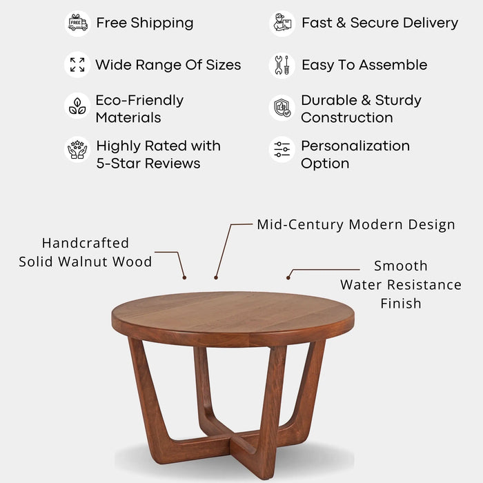 Solid wood round coffee table with walnut finish, mid-century style, shown with a feature list .