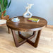 Solid wood round coffee table made from high-quality walnut, featuring a smooth, matte finish, mid-century modern design, and sturdy wooden legs, available in various sizes. Front top view