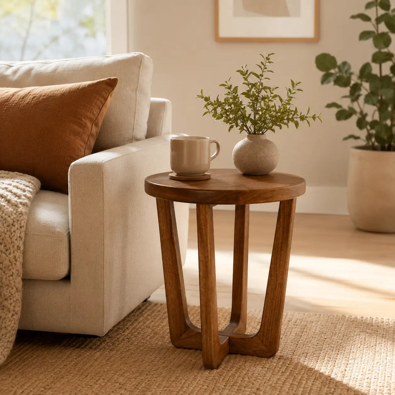 Muse Walnut Wood Round Side Table - Mid Century Modern