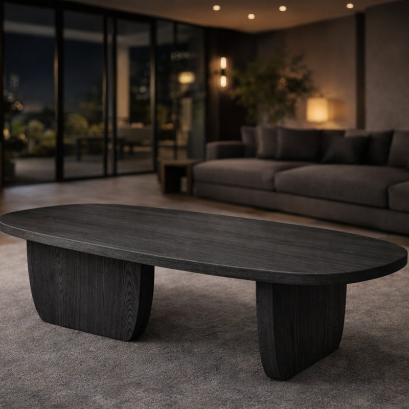 Nordic Black Solid Beech Wood Oval Coffee Table – Minimalist Scandinavian Design