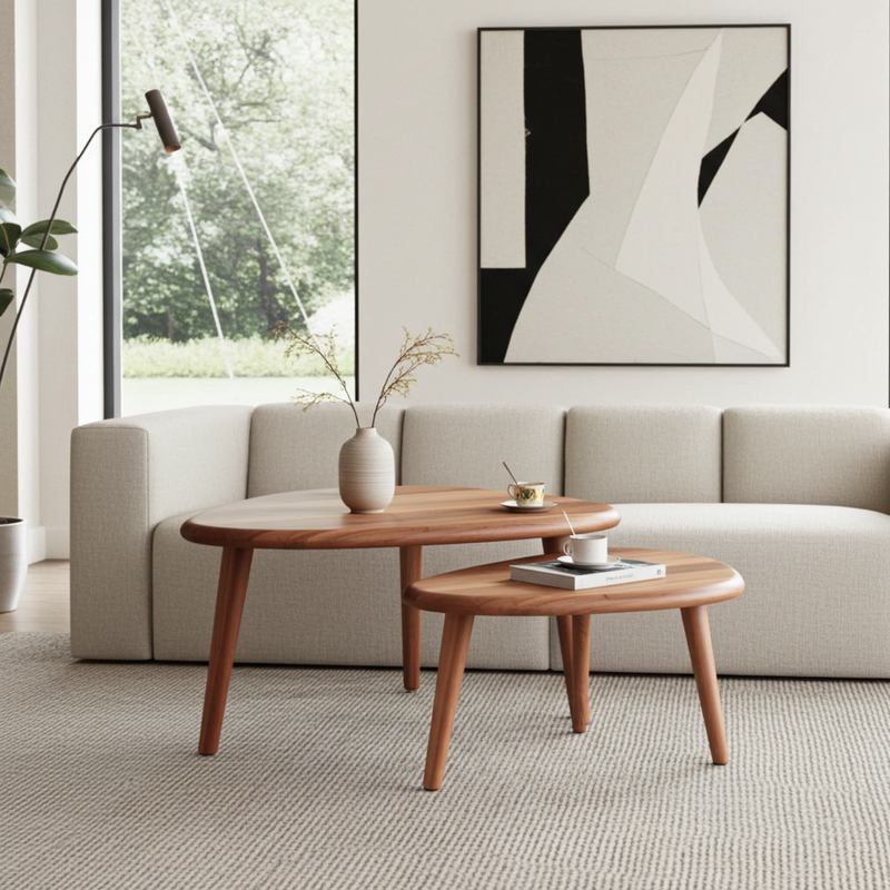 A modern living room scene featuring two nested Nova Mid-Century Modern Coffee Table Set - Solid Walnut Wood tables in front of a light beige sofa, with a large abstract black, white, and gray framed print on the wall behind.