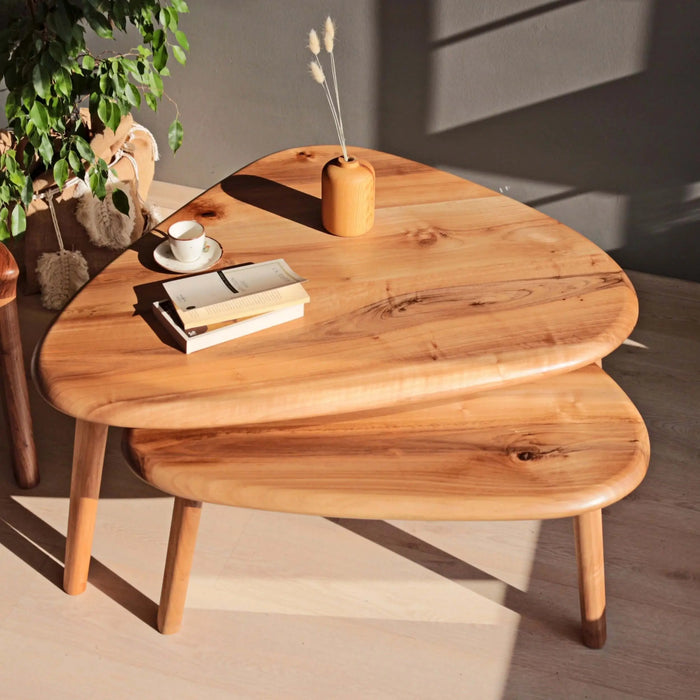 Top-down view of a solid walnut coffee table, with sunlight highlighting the wood grain and enhancing its natural texture.