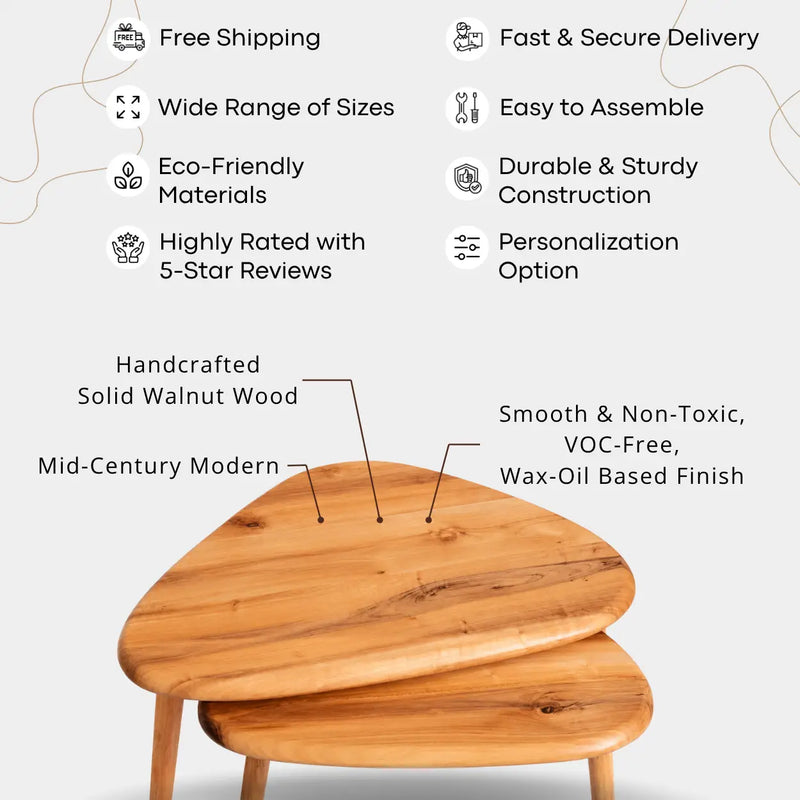 Nova Mid-Century Modern Coffee Table Set - Solid Walnut Wood