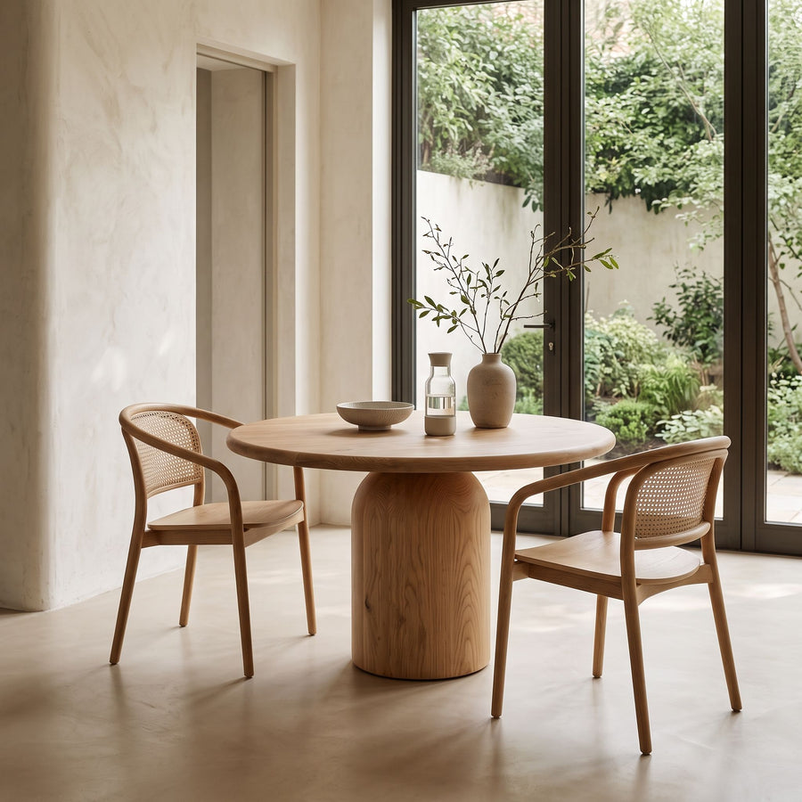 Solen Round Solid Oak & Walnut Dining Table – Sculptural Pedestal Modern Design