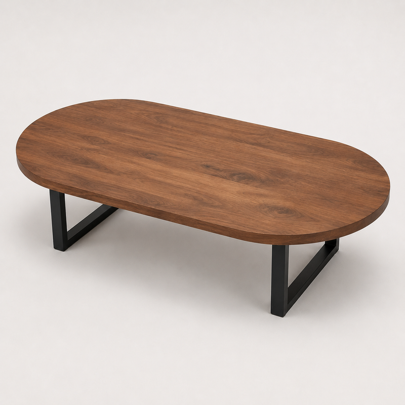 Oasis oval walnut coffee table with a medium brown wood grain top and black metal legs, shown on a light gray studio background.