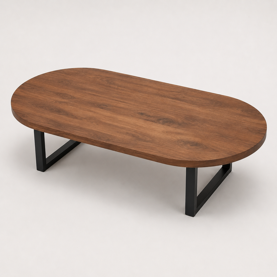 Oasis oval walnut coffee table with a medium brown wood grain top and black metal legs, shown on a light gray studio background.