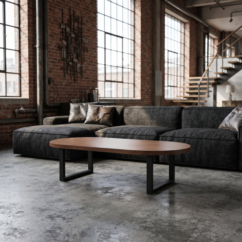 Black square metal legs of Oasis walnut coffee table