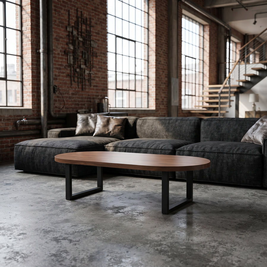Black square metal legs of Oasis walnut coffee table