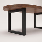 Close-up of Oasis oval walnut coffee table with a medium brown wood grain top and a matte black square open-frame metal base, shown on a light gray studio background.