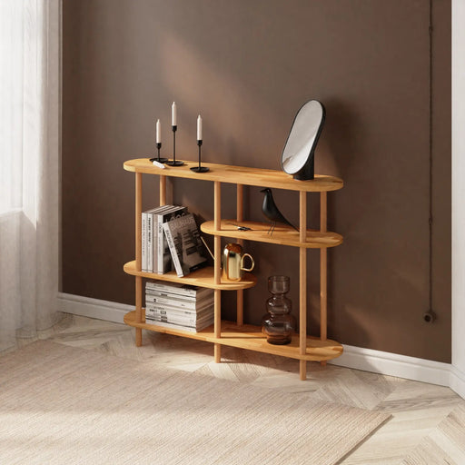 Front view of the Oslo shallow bookcase in solid beech wood, featuring a minimalist low-profile design with two open shelves.