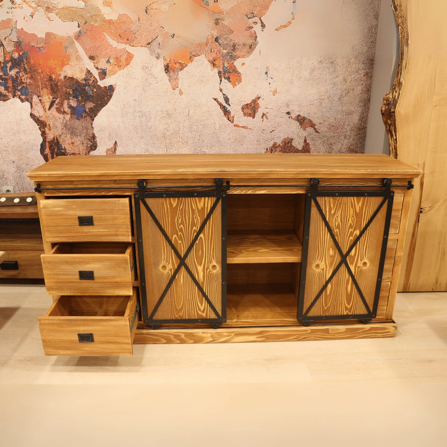 Open cabinet view displaying adjustable shelves and ample storage for dining essentials.
