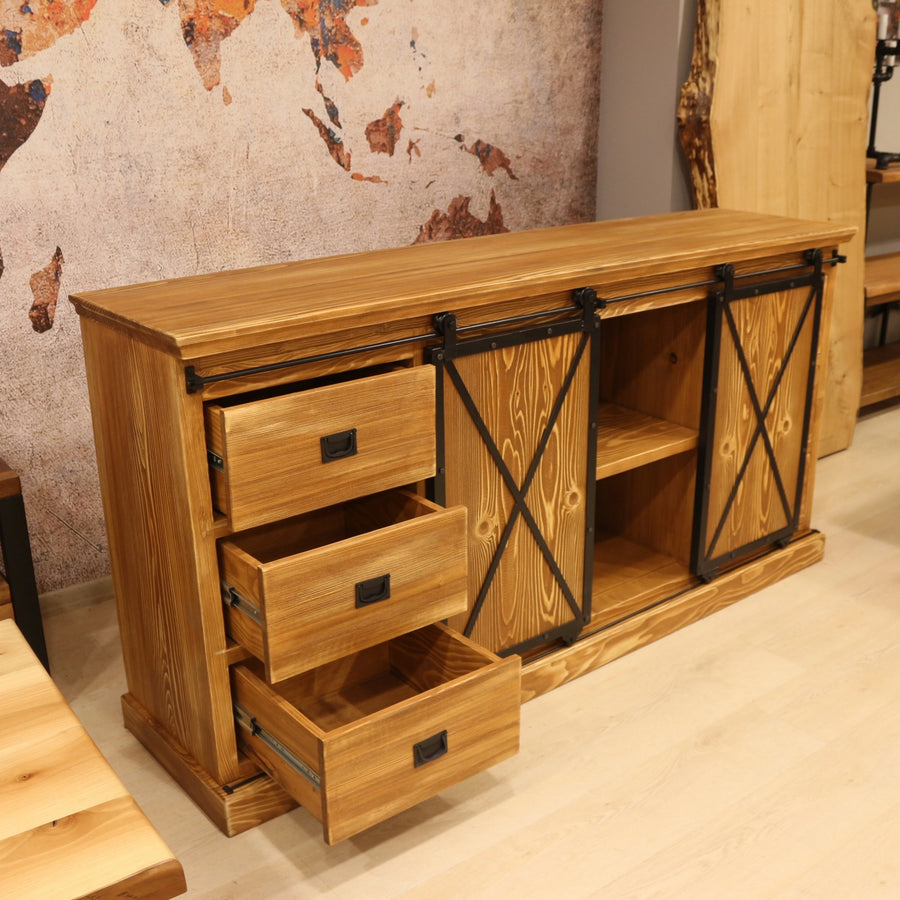 Detailed shot of the cabinet's sleek handles and polished finish, enhancing its modern appeal.