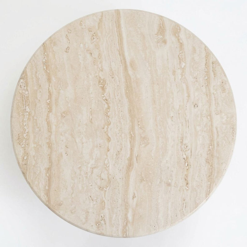 Top View Surface of Dune Round Travertine Coffee Table - Sculptural Modern Pedestal Design by Tomruque