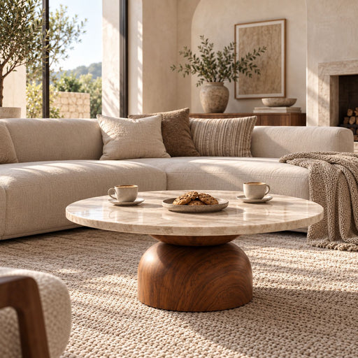 Dune Round Travertine Coffee Table with Walnut Pedestal Base - Sculptural Modern Design Styled in a Living Room by Tomruque