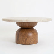 Dune Round Travertine Coffee Table with Walnut Pedestal Base - Sculptural Modern Design Straight-On View by Tomruque