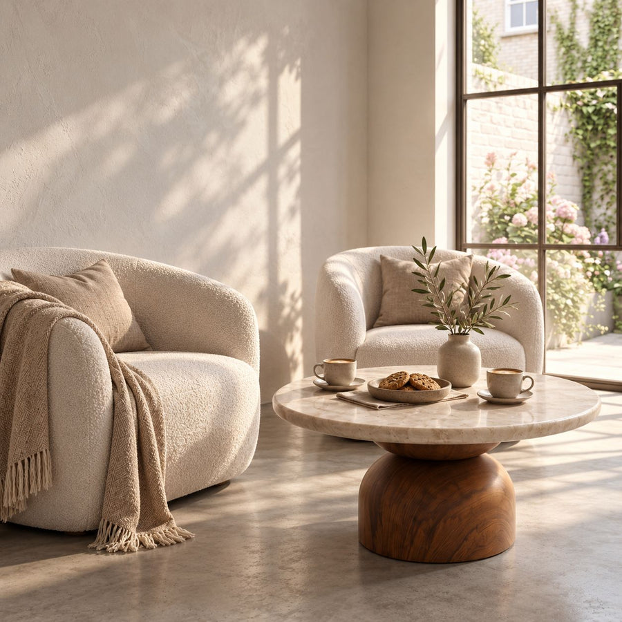 Dune Round Travertine Coffee Table with Walnut Pedestal Base Styled in a Living Room by Tomruque