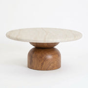 Dune Round Travertine Coffee Table with Walnut Pedestal Base - Sculptural Modern Design by Tomruque