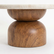 Close-Up of Walnut Pedestal Base on Dune Round Travertine Coffee Table - Sculptural Modern Design by Tomruque
