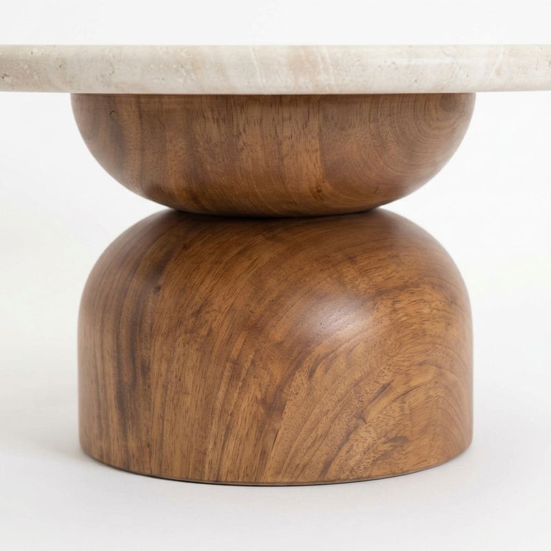 Close-Up of Walnut Pedestal Base on Dune Round Travertine Coffee Table - Sculptural Modern Design by Tomruque