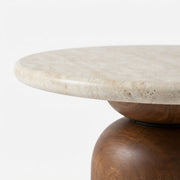 Close-Up Detail of Dune Round Travertine Coffee Table with Walnut Pedestal Base - Sculptural Modern Design by Tomruque