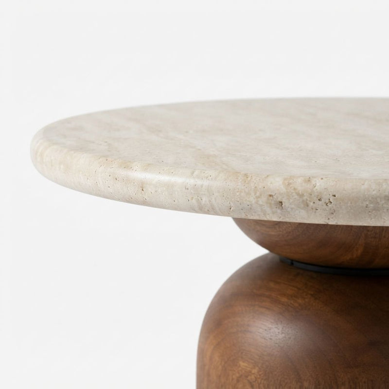 Close-Up Detail of Dune Round Travertine Coffee Table with Walnut Pedestal Base - Sculptural Modern Design by Tomruque