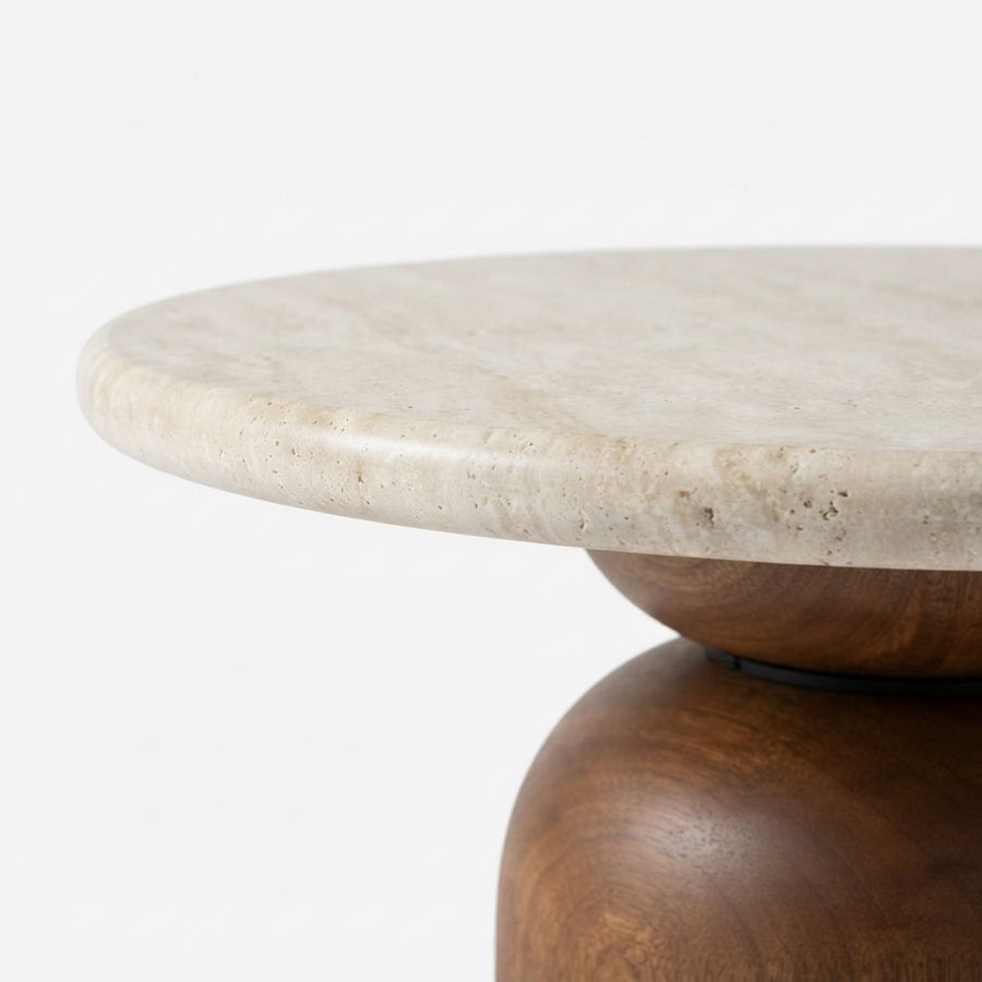 Close-Up Detail of Dune Round Travertine Coffee Table with Walnut Pedestal Base - Sculptural Modern Design by Tomruque