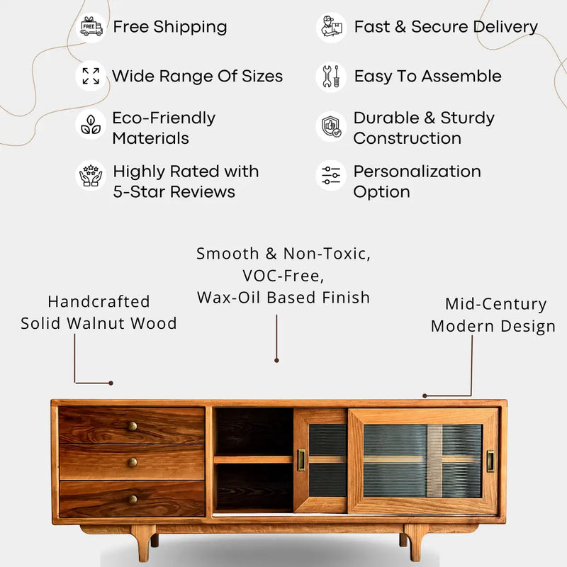Pera Solid Walnut Wood TV Stand - Mid Century Modern Style