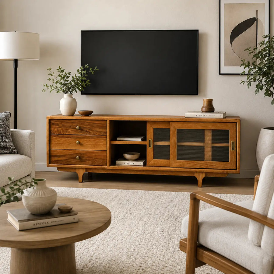 Pera Solid Walnut Wood TV Stand - Mid Century Modern Style