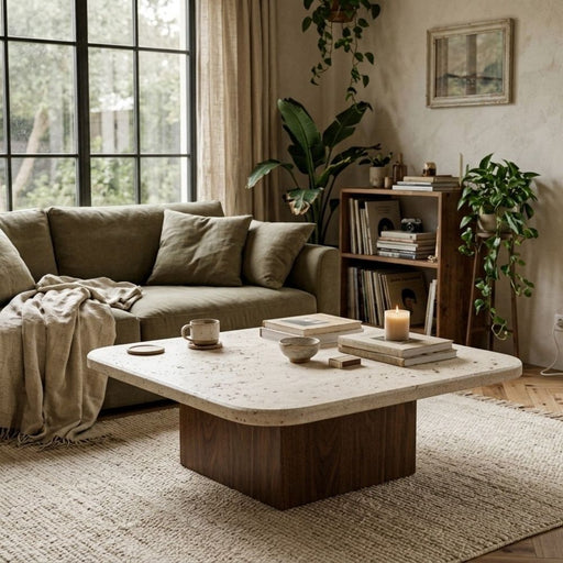 Pera Square Travertine Coffee Table with Solid Walnut Block Base Styled on Woven Rug with Green Sofa, Books, and Candle in Cozy Living Room