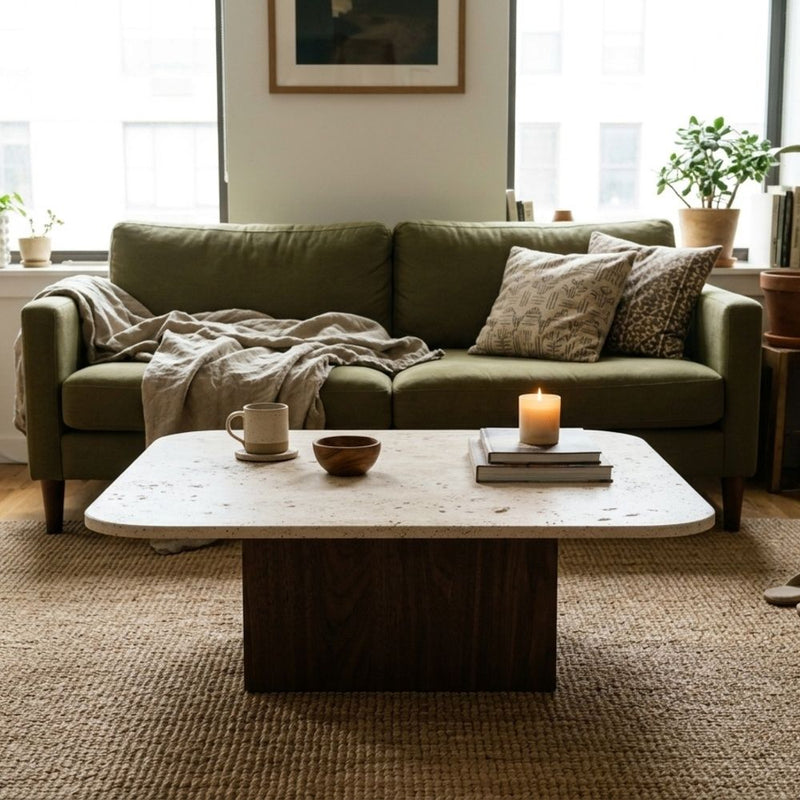 Pera Square Travertine Coffee Table with Solid Walnut Block Base Styled on Jute Rug with Olive Green Sofa and Cozy Living Room Decor