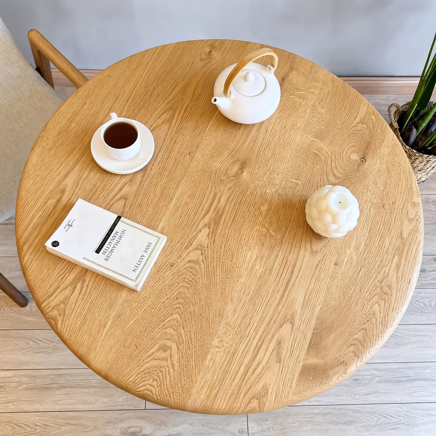 Petra Round Wood Dining Room Table Solid Oak Wood viewed from above