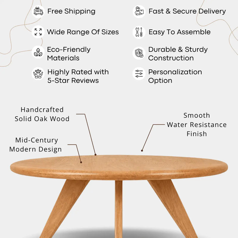 Petra Solid Oak Wood Round Coffee Table – Handcrafted Mid-Century Modern